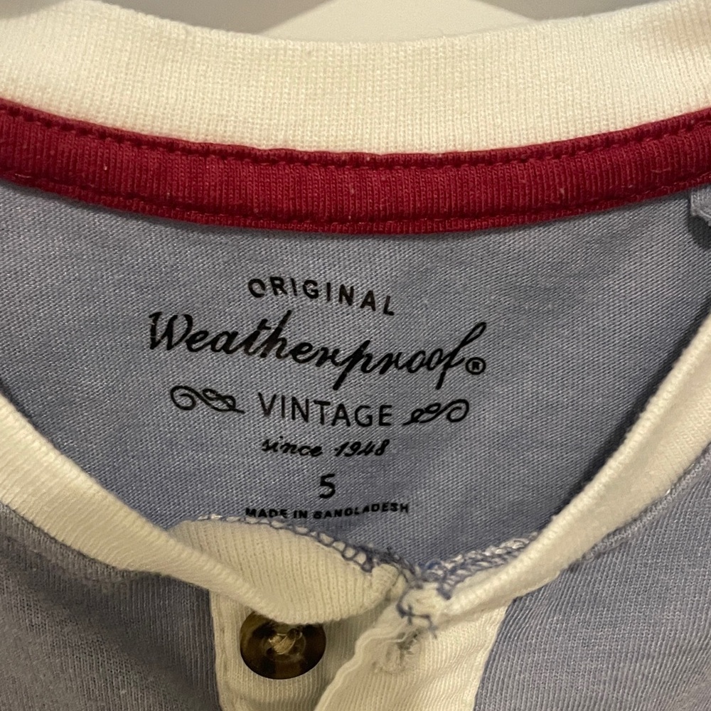 Weatherproof Vintage Blue and White Henley with Red Trim